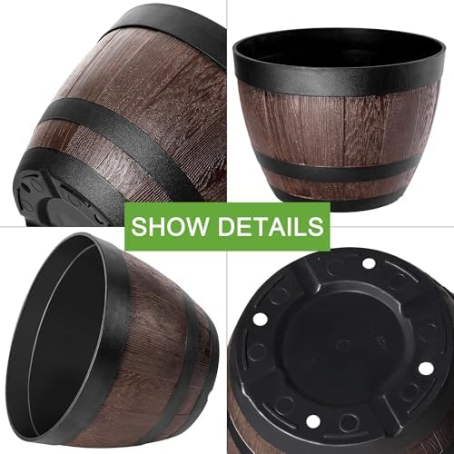 VECELO Plant Pots with Drainage Holes & Saucer, 11.3 Inch Flower Pots with Tray, 4 Pack Plastic Whiskey Barrel Planters for Indoor & Outdoor Garden Home Plants and Flowers - Image 3