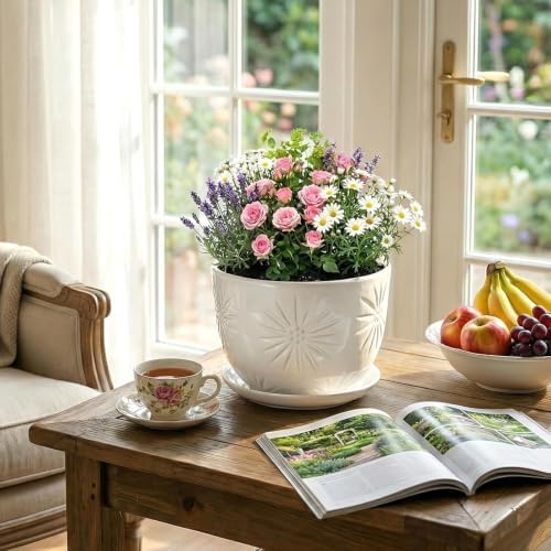 MyGift 7 Inch Round White Ceramic Plant Pot with Drainage Hole and Attached Saucer, Modern Decorative Embossed Sunburst Planter Container for Indoor Home Garden - Image 2