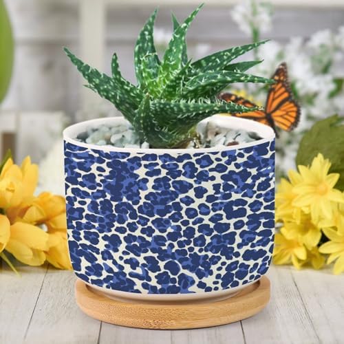 Leopard Purple and White Dot Planters Ceramic African Tribal Animal Print Round Plant Pot with Drainage Holes and Bamboo Tray Pot for Home Office Decoration - Image 6
