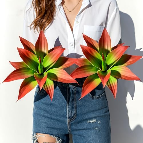 Ttranewsoo 2-Pack 13-Inch Artificial Agave Plants for Outdoor Planters, UV Resistant Fake Agave Plants, Faux Succulent Greenery for Porch, Patio, Garden, Entryway and Indoor Home Decor, Red by Ttranewsoo