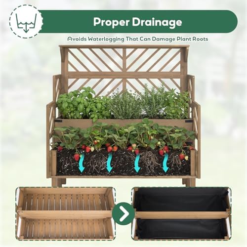PetsCosset Raised Garden Bed with Trellis, 2-Tier Elevated Planter Box with Legs & Top Shelf, Liner, Metal Corners, Wooden Garden Beds for for Climbing Plants, Flower, Vegetables, Herbs - Image 4