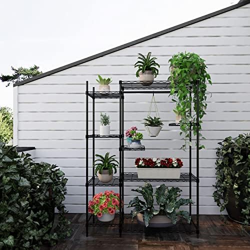 Xiofio Plant Stands for for Indoor Outdoor, Heavy Duty Metal Plant Stand,large Plant Shelf,Adjustable Plant Shelves With Hanging Rod for Living Room,Balcony,Garden,Black - Image 2