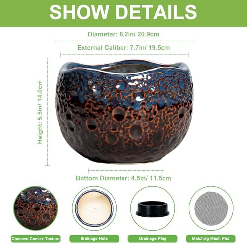 Ceramic Planter, 8 Inch Plant Pots with Drainage Hole, Brown-Blue - Image 2