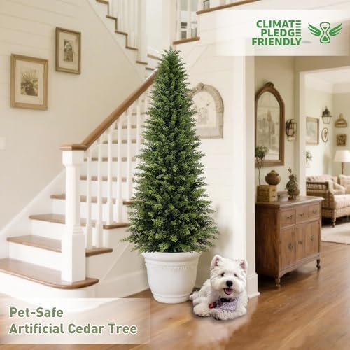 Mavis's Diary 6ft Artificial Cedar Topiary Tree, Set of 1 Realistic Faux Evergreen Shrub Plant in Planter, Indoor Outdoor Fake Cedar Tree for Front Porch, Entryway, Office & Home Decor - Image 4