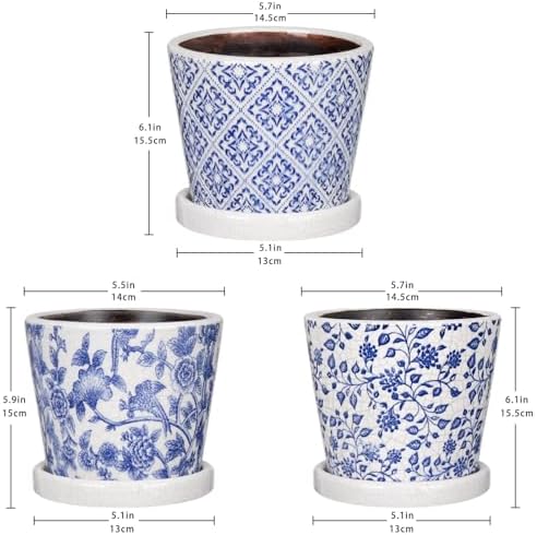 Set of 3 Decorative Plant Pots Blue and White Flower Pot, Round Ceramic Planters for Indoor Plants Pots with Drainage Hole Saucers, Retro Planter Pot for Succulents Cactus Outdoor Garden, 5.5/5.7 Inch - Image 3