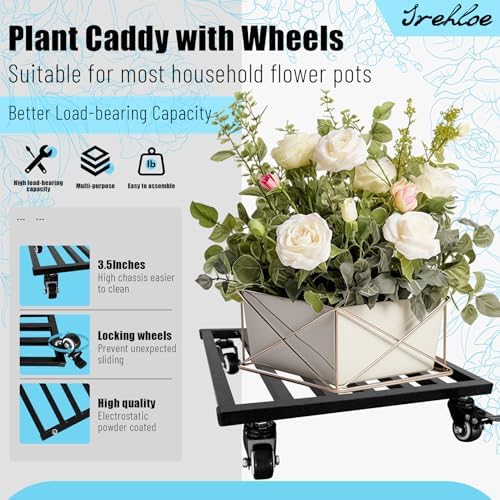 14 Inch Plant Caddy with Wheels Lockable Heavy Duty Trolley Large Metal Square Plant Dolly Plant Roller Base Potted Stand Suitable for Indoor Outdoor Plant Pots Black - Image 3