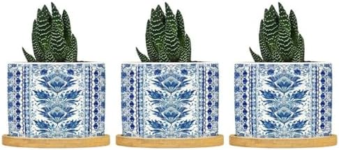 French Cairo Blue and White Ceramic Planters Chinoiserie Floral Planters for Indoor Plants with Drainage Holes and Saucers Pot for Home Office Desk Garden by BRUYU5SE