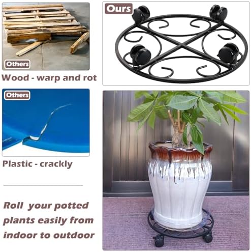 3 Packs 13.5" Metal Plant Caddy with Wheels Large Rolling Plant Stands Indoor Wheeled Plant Dolly Heavy-duty Planter Mover Roller Base Outdoor Plant Trolley Cart Water-proof, Plant Saucers on Wheels - Image 6