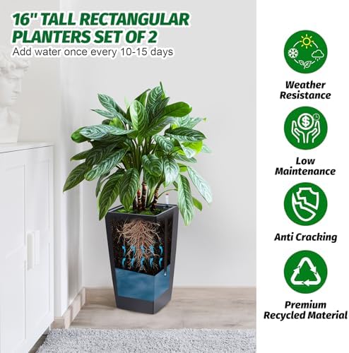 GarveeLife 16 in Tall Planters Set of 2, Outdoor＆Indoor Black Planter Pots, High Front Porch Planter Pots with Drainage Holes＆Water Level Monitor＆Inner Bucket, Automatic Watering,Black - Image 2