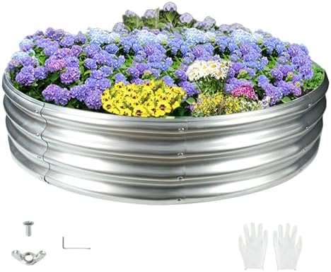 Durable Round Galvanized Steel Raised Garden Bed for Planting,Round Galvanized Steel Fire Ring/Fir Pit for Outdoor- 5×5×1FT,0.8MM Thick (Silver, 60 ins Diameter x 12 ins high) by zbzbml