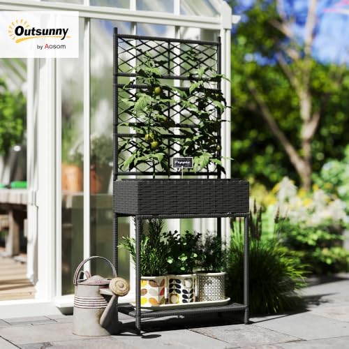 Outsunny Raised Garden Bed with Trellis, Wicker Storage Planter, Black - Image 2