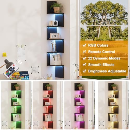 Qupui 5-Tier Corner Shelf with LED, 49" Floating Wall Shelf, Black - Image 6