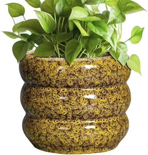 SQOWL Ceramic Planter - 8 Inch Indoor Plant Pot with Drainage Hole, Round Planter for Outdoor Plants, Ceramic Flower Pots, Bubble Planters, Home Room Porch Decor, Plant Lover Gifts, Yellow by SQOWL