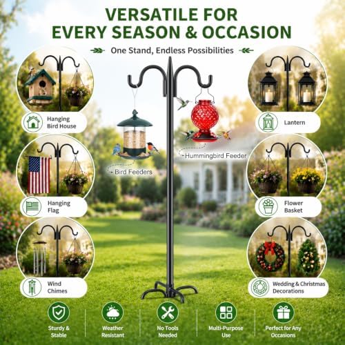 Gtongoko Bird Feeder Pole for Outdoors Heavy Duty, 92 Inch Double Shepherds Hook with 5-Prong Stable Base, 3/4 Inch Thick Hummingbird Feeder Stand for Hanging Plants, Lanterns, 1 Pack - Image 4