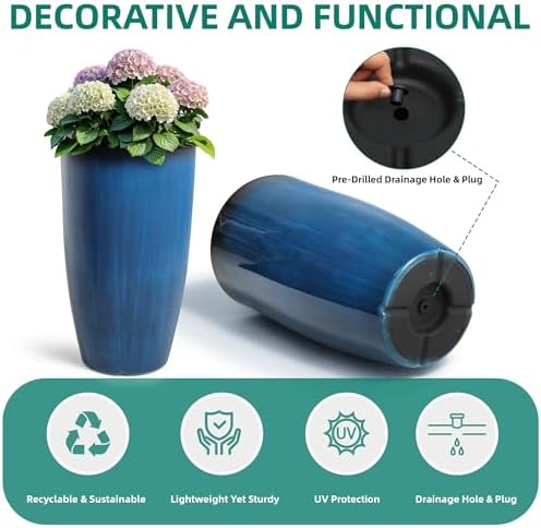 Autodaya 24" Large Tall Outdoor Planters Set of 2, Faux Ceramic Flower Pots - Image 5