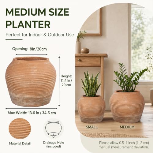 12"H x 14" Dia Distressed Terracotta Planter Pot with Drainage Hole, Vintage Ribbed Clay Pot Look, Rustic Decorative Large Indoor Outdoor Flower Pot for Patio, Porch, Garden, Entryway Farmhouse Decor - Image 3