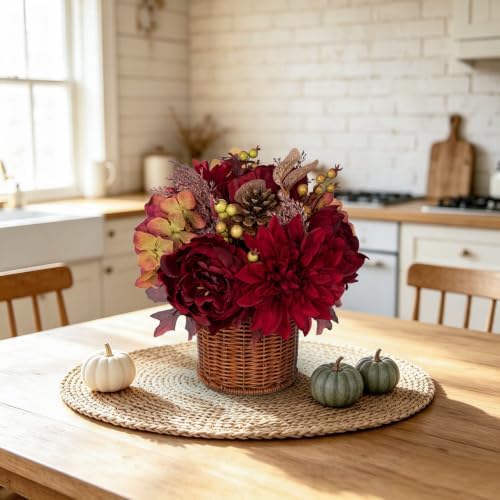 Hydrangea 13.8" Fall Flowers Arrangement in Baskets Pot Outdoor Indoor Fake Hydrangea Peonies Artificial Flowers in Woven Baskets Fall Decor Red Orange Faux Plants Porch Autumn Decorations for Home - Image 5