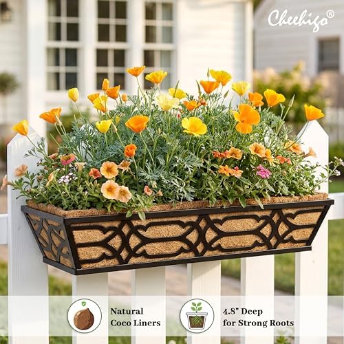 4 Pack 30 Inch Window Boxes Planters with Coco Liner, Large Metal Railing Planter Boxes for Deck, Heavy Duty Hanging Trough for Fence and Front Porch Garden Flower Display - Image 2