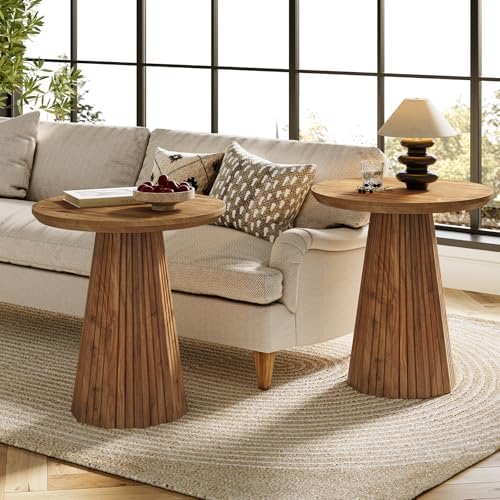 Solid Wood End Table Set of 2, 19" Small Round Pedestal Side Table with Fluted Base, Farmhouse Bedside Table for Living Room, Small Space by TribewoodbyTribesigns