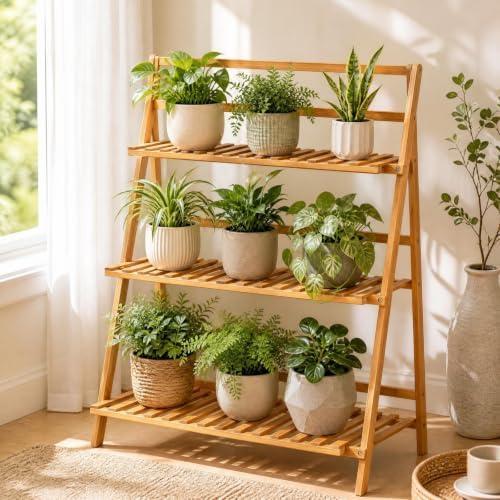 COSTWAY Bamboo Plant Stand, Foldable Multifunctional Flower Display Ladder Shelf, 3-Tier Storage Rack - Image 2