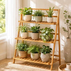 COSTWAY Bamboo Plant Stand, Foldable Multifunctional Flower Display Ladder Shelf, 3-Tier Storage Rack - Image 2