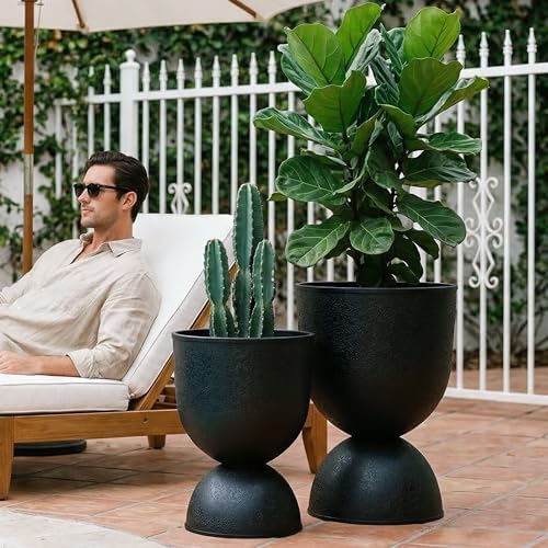 KOL Planters Flower Pots, Large Plastic Urn Planters for Indoor Outdoor Plants, Black Pedestal Planter 2 Pack, 18 Inch+23 Inch, Tall Decorative Planters with Drainage Holes & Plugs for Porch Garden by KOL
