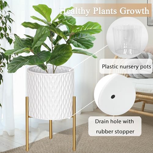 ARNIS Plants Pots with Stand, Set of 2 P lanters, Unique Mid Century Decorative Metal Flower Pots with Drainage, 8.25 & 10.5 Inch, White and Gold - Image 4
