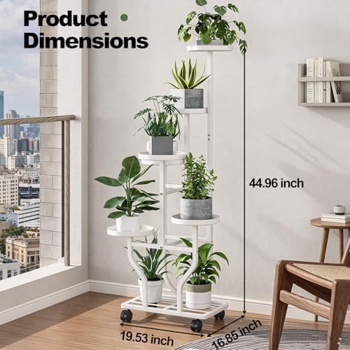 Plant Stand with Wheels, White 6 Tier Metal Plant Shelf for Indoor Outdoor - Image 3