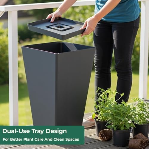 Worth Garden Large 28 in.Tall Planters Set of 2 for Indoor and Outdoor, Heavy Duty Plastic Black Modern Taper Flower Plant Pots with Drainage Hole and Dual-Purpose Tray for Front Porch, Patio - Image 6