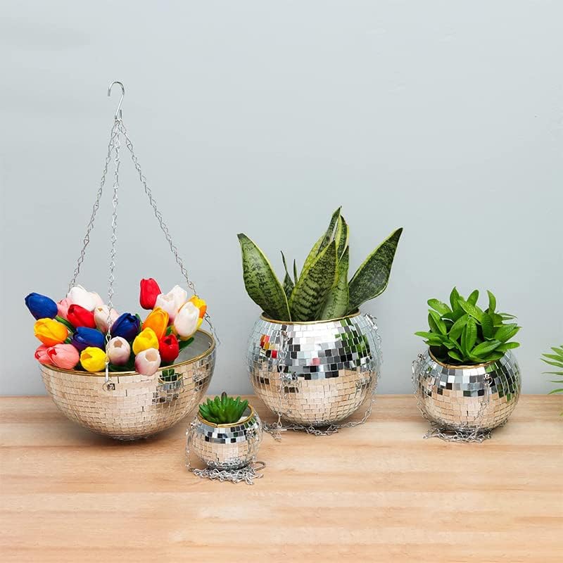 Disco Ball Planter,Disco Ball Plant Hanger,Mirror Disco Planter with Chain and Macrame Hanger,Boho Disco Ball Hanging Planter for Indoor Outdoor Plants,Home Decor (8inch, Pink) - Image 4