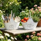 Distressed White Galvanized Metal Flower Planter Set of 2, Rustic Farmhouse Pot with Handle, Multi Use Tub for Garden Harvest Fruit Vegetables, Floral Craft Tool Organizer Indoor Patio Yard Decor by Unknown