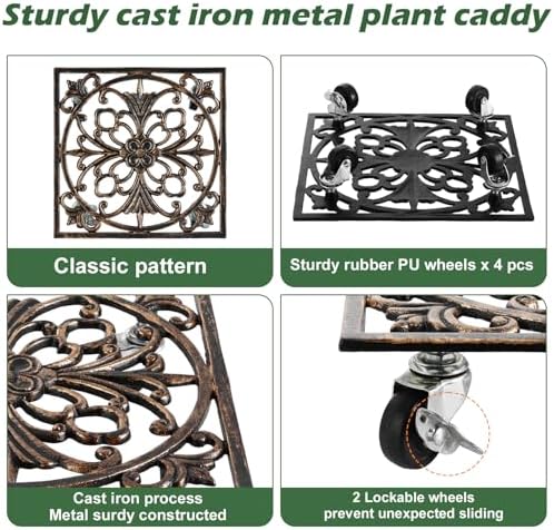 2 Packs 12" Square Metal Plant Caddy with Wheels Large Heavy-Duty Cast Iron Planter Dolly Pot Mover, Indoor Outdoor Vintage Rolling Plant Stands with Casters Wheeled Plant Roller Base, Rustproof Bronze - Image 4
