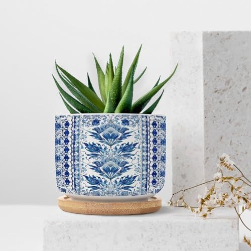 French Cairo Blue and White Ceramic Planters Chinoiserie Floral Planters for Indoor Plants with Drainage Holes and Saucers Pot for Home Office Desk Garden - Image 7