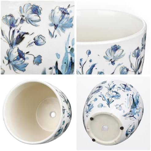 Decorative Flower Pots Blue and White Plant Pot Gold Accent Ceramic Planters for Indoor Plants Pots with Drainage Retro Planter Pot for Succulents Cactus Herb Snake Plants Outdoor Garden, 7.6/5.5 Inch - Image 6