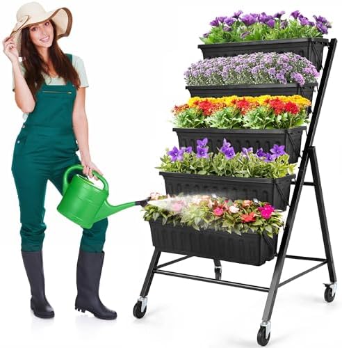 Homdox 4FT Vertical Garden Bed, 5 Tiers Raised Garden Planter, 25.6 * 26 * 48Inch with 4 Hooks & 4 Wheels, Vegetable Flower Stand for Garden Patio Yard, Black by HOMDOX