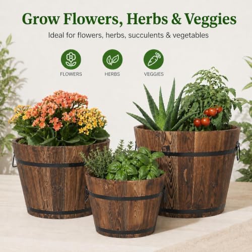 BNSPLY 3 Pcs Whiskey Barrel Planters, Wooden Planter Barrel Set with Handle & Drainage Holes, Rustic Outdoor Flower Pots for Plants, Herbs, Veggies, Indoor Outdoor Use, Brown - Image 7