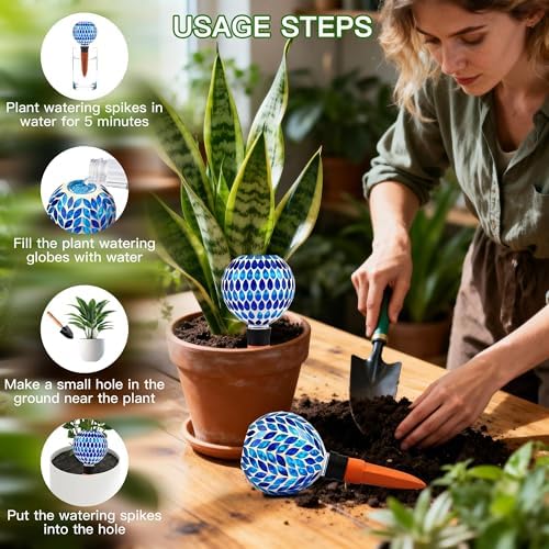 VOREEN Blue Mosaic Self Watering Globes 2 Pack, 500ml Handmade Glass Terracotta Plant Spikes, Automatic Self Watering Devices for Indoor Outdoor Pots, Decorative Water Saver Gift for Garden Lovers - Image 4