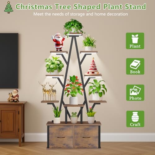 Plant Stand Indoor with Grow Lights - 10 Tiered Plant Shelf with 2 Removable Drawers, 65" Tall Plant Shelf with Grow Light Holds 13 Pot Plants, Christmas Tree Shaped Plant Stand for Home, Living Room - Image 4