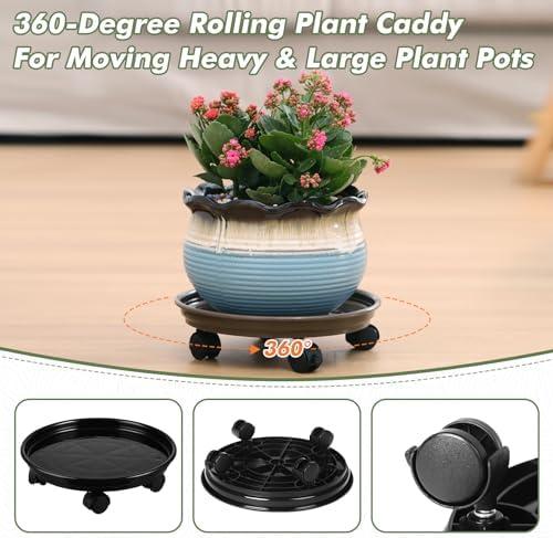 Planterhoma 6 Packs Plastic Plant Caddy with Casters 12” Plant Dolly Heavy Duty Rolling Plant Stand with Wheels for Indoor and Outdoor Large Heavy Plant Pot Rollers, Black and Brown - Image 5