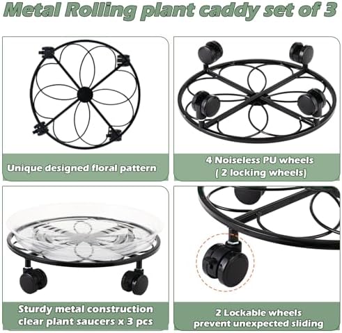 3 Packs 12 inches Metal Heart Outdoor Plant Caddy with Wheels Large Rolling Plant Stands Rolling Plant Dolly Heavy-Duty Plant Roller Base Movers for Indoor and Outdoor - Image 2