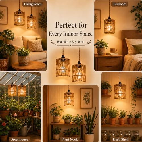 2 Pack Hanging Grow Lights for Indoor Plants Boho Rattan Plant Light - Image 6