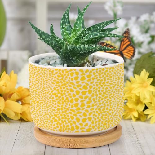 Yellow Leopard Print Planters Ceramic African Animal Stripe Round Plant Pots with Drainage Holes and Bamboo Tray Pot for Home Office Decoration - Image 6