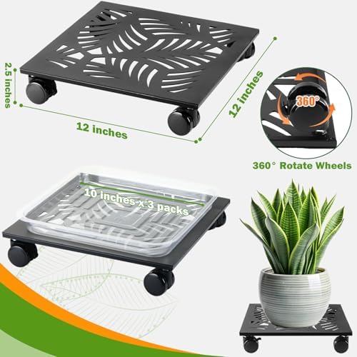 3 Packs 12" Metal Square Plant Caddy with Wheels Large Iron Rolling Plant Stand with Casters Heavy-Duty Plant Dolly Coaster Plant Pot Mover Roller Base for Indoor Outdoor, Black - Image 3