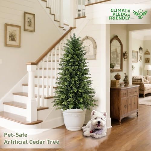Mavis's Diary 4ft Artificial Cedar Topiary Tree, Set of 2 Realistic Faux Evergreen Shrub Plant in Planter, Indoor Outdoor Fake Cedar Tree for Front Porch, Entryway, Office & Home Decor - Image 4