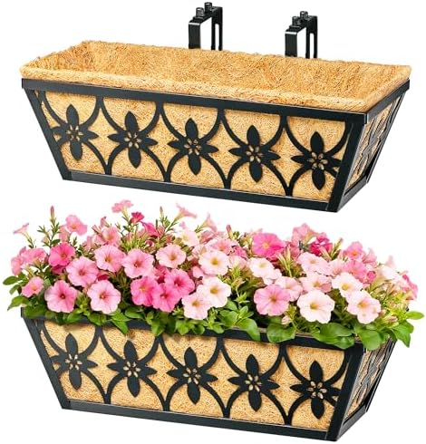 16 Inch Window Boxes Planters Railing Planter Box - 2 Pack Deck Railing Planter Boxes with Adjustable Brackets Coco Liners Balcony Planters Railing Hanging for Window Flower Boxes Outdoor Garden Decor by EINYEXW