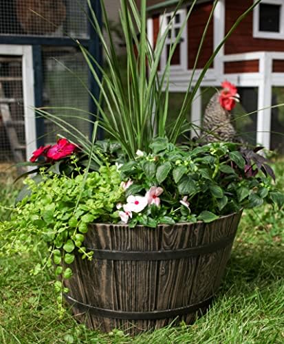 The HC Companies Whiskey Barrel Planter - Decorative Garden Pots - Indoor & Outdoor Resin Planters - Weather-Resistant Planting Pots (16” Aged Oak) - Image 4