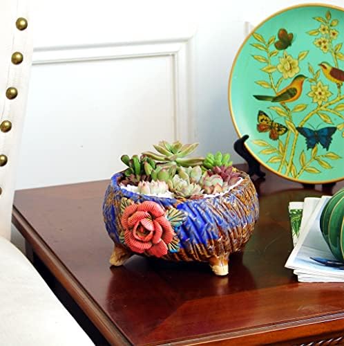 6.3 Inch Succulent Pot Handmade Flower Design Round Ceramic Antique Plant Pot Cactus Pot Planter with Drainge and Mesh Pad (Red) - Image 6