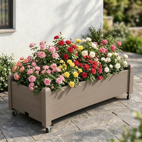 Raised Garden Bed with Wheels, Rolling Resin Planter Box,Brown - Image 2