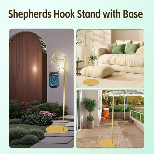 Shepherds Hooks for Outdoor, 61" Tall Freestanding Bird Feeder Stand & Wind Chime Hanger, Heavy-Duty Rust Resistant Iron Pole with Flat Base for Hanging Plant Stand, Wreath, Lanterns (Gold) - Image 6