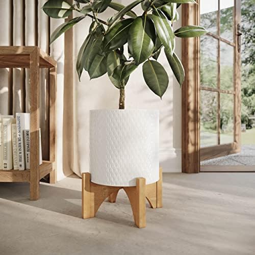 EverNest Claire Boho Modern White Planter with Arch Wood Stand, Indoor Mid-Century Plant Pot, SelectBase, Minimalist Planter Stand Home Décor (Medium, 2 Gallon) - Image 3